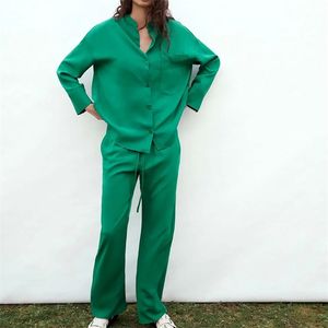 Za Suit Donna Pantaloni Completi Pantaloni Completi Moda Verde Casual Pantaloni dritti Completi femminili Chic Streetwear Youth 211007