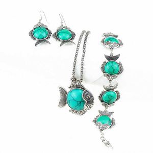 women's fish Tibetan silver turquoise Bracelet Earrings Necklace set GSTQS005 fashion gift national style women DIY jewelry sets