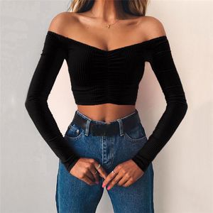 women T-shirts sexy and club fashion female T-shirt long sleeve off shoulder solid color lady Tshirt autumn basic tees 210426