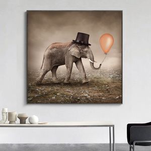 Elefant med hatt ballong kanfas målning vägg bilder för vardagsrum djur konst affisch och tryck vintage bilder heminredning