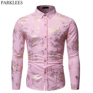 Gold Rose Print Pink Рубашка Мужчины Стильные Slim Fit Колоды с длинным Рукавом Мужское Платье S Вечерние Свадебные Клуб Социальная Chemise Homme 210721