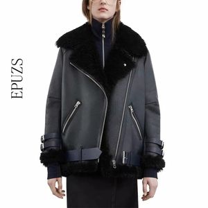 Winter coat women thick black PU leather jacket long sleeve faux fur biker Streetwear Punk motorcycle 210521