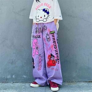 Harajuku Korean Y2K Hippie Palazzo Pant Retro 90s Aesthetic Cartoon Anime Trousers Oversize Female Graffiti Wide Leg Pant 210915
