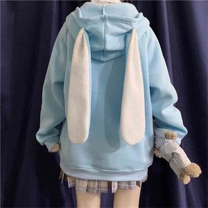 Houzhou estilo coreano mulheres hoodies primavera moda kawaii coelho orelhas moletom manga longa solta bordado zip hoodie 210809