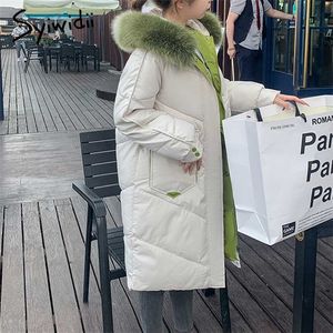 Syiwidii ​​Płaszcz Zimowy Kobiety Fur Collar Hood Zagęścić Ciepła Kurtka Koreańska Moda Oversized Długie Bawełniane Parkas Black Odzież 211216