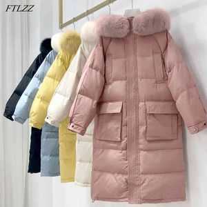 Vinter 90% Vit Duck Down Coat Casual Women Natural Fur Hooded Long Parka Loose Snow Outwear 210423