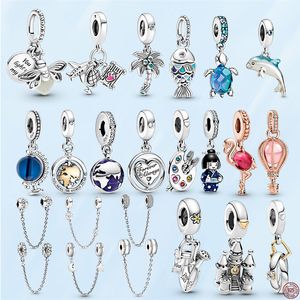 Hot Sterling Silver Firefly Safety Chain Blue Scaled Fish Charm Beads Fit Pandora DIY Jewelry Making lady pendants gift With Original Box