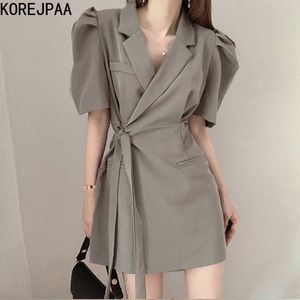 Korejpaaの女性のドレス夏の韓国のシックなフレンチのレトロな気質ラペルサイドネクタイウエストスリミングパフスリーブスーツ210526