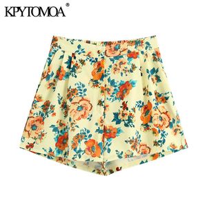 Kvinnor Chic Fashion Floral Print Side Fickor Shorts Vintage Hög Midja Zipper Fly Back Elastiska Kvinna Kort Byxor 210416