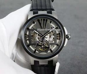 Высококачественные часы 43 мм Исполнительный скелет Tourbillon Titanium Case 1713-139 Autoamtic Mens Watch Прозрачный циферблат Кожаный ремешок Gents Спортивные наручные часы