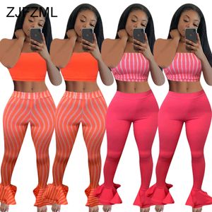 2021 Sommer 2 -teilige Outfits für Frauen gestreiftes Spleiß Crop Top und Rüschen Bell Botto Sweatpant Sweat Anzug sexy zweiteilige Sets x0428