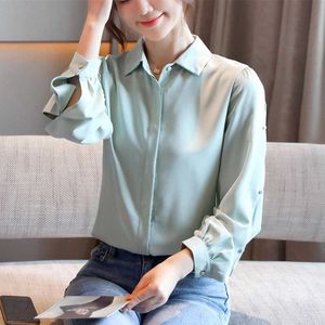 Koreanska Kvinnor Chiffon Blouses Office Lady Långärmad Kvinna Blus Tops Plus Size Blusas Mujer de MODA 210531