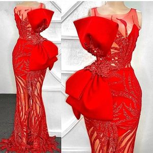 Arabic Aso Ebi Style Mermaid Prom Dresses 2022 Red Lace Appliques Plus Size Formal Evening Ocn Gowns Vestidos De Novia