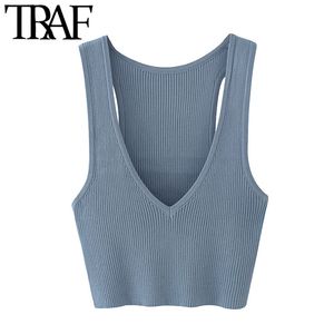Traf Women Sexy Fashion Deep V Neck Croped Sticked Vest Sweater Vintage Stretchy Slim Female Waistcoat Chic Tops 210415