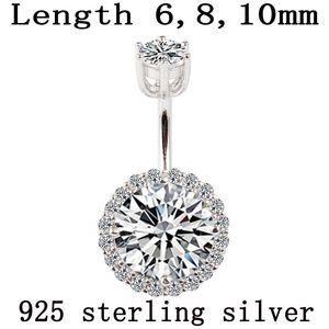 Belly button ring real 925 sterling body piercing fine jewelry round zircon not allergic pin length 6 8 10 mm 925 silver