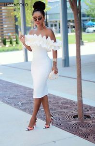 Casual Dresses Elegant Dress Women Bodycon Slim White Pencil Fashion Sexy Ruffle Sleeves Ladies Slash Neck Dinner Lugentolo