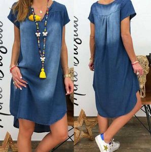 Tvättad Slim V Neck Kortärmad Klänning Klädsel Casual Hot Loose Women's Dress Summer Fashion Sexy Women Denim Dress Y1006