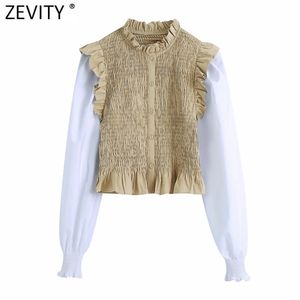 Women Vintage Agaric Lace O Neck Patchwork Pleated Short Smock Blouse Female Ruffles Shirt Chic Blusas Tops LS7494 210416