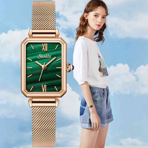 Sunkta Prestiżowy Kwadratowy Zegarek Kobiety Top Marka Róża Złota Stalowa Siatka Ladies Quartz Wrist Zegarki Bransoletka Dziewczyna Zegar Relogio Feminino 210517