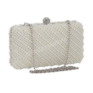 Kvinnors Luxury White Clutch Bag Bröllopsfest Purse Mode Kväll Mini Ladies Pearl Chain Handväska