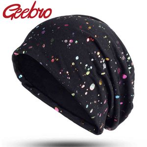 Geebro Kvinnors Slouchy Multicolor Splatter Paint Beanie Hat Fashion Print Bomull Beanies För Femme Black Skullies Y21111