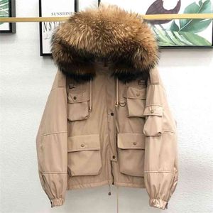 Large Natural Raccoon Fur Women Down Coat Winter Thick 90% White Duck Parka Female Hooded Short Jacket Loose Outerwear 210916