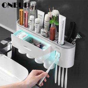 Oneup Magnetisk tandborstehållare med 2/3 / 4cup tandkräm dispenser vägg toalett makeup lagring rack för badrum tillbehör 211130