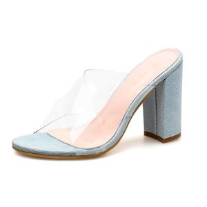 Slippers PVC Transparent Jelly Shoes Women Summer Block High Heels Denim Sandals Ladies Sexy Clear Cross Strappy Open Toe Slides