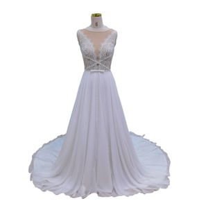 2022 semplice abito da sposa bohemien pizzo chiffon a-line sheer cap sleeve gioiello perle cerniera Boho abiti da sposa donna paese