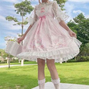 Japon Tatlı Lolita Elbise Vintage Dantel Ilmek Sevimli Baskı Victoria Elbise Kawaii Kız Gotik Lolita JSK Prenses Loli Cos 210331