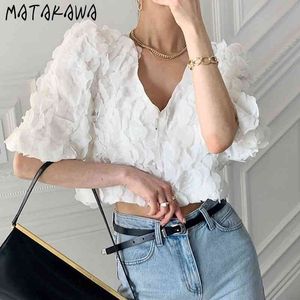 MATAKAWA Petalo tridimensionale Blusas Cucitura monopetto Camicia a maniche corte a sbuffo Elegante camicetta da donna con scollo a V 210513