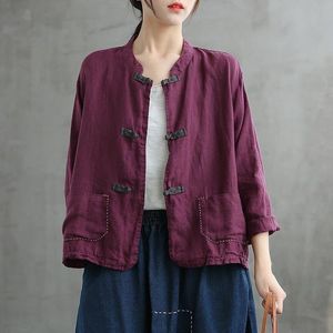 Giacche da donna Camicie e top a maniche lunghe in stile cinese da donna per camicette di lino con ricamo stand 2021 Bottone a molla FT233