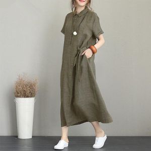 Lässige Kleider Sommerkleid Frau Einfarbige Baumwolle und Leinen Knopftyp Lose Kurzarm mit Tasche Weibliche Kleidung