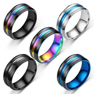 Edelstahl Blue Rainbow Groove Ring Band Finger Kontrastfarbe Ringe für Damen Herren Modeschmuck Will und Sandy