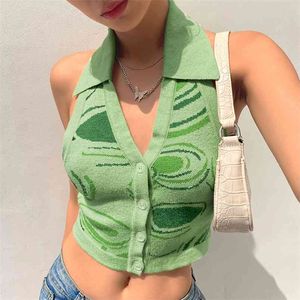 Green Paisley Y2k Crop Tank Tops Halter Knit Vest For Women Sexy Backless Fashion Summer Slim Outfits Single-Breast Female 210510