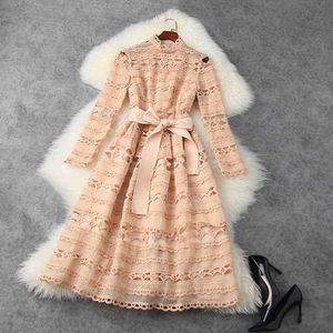 High Street Moda Primavera Dringway Dress Mulheres Hollow Out Lace Guipure Belted 210521