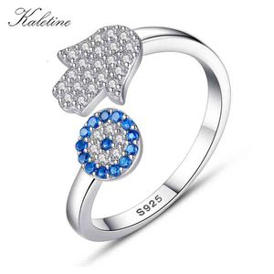 Kaletine 925 Sterling Silver Evil Blue Eye Hamsa Fatima Hand Adjustable Female Rings Open Size Ring Wedding Jewelry