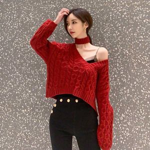 Höst vinter kvinnor tröja kall axel halter stickad kvinnlig casual stickad röd pullover jumper pull femme 210529