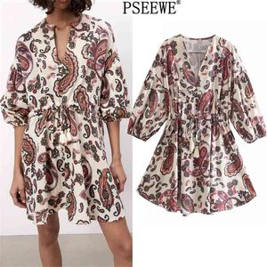 Woman Dress Paisley Print Short Dresses Women Fashion Elastic Waist Adjusable Tied Puff Sleeve Casual Mini Dres 210519