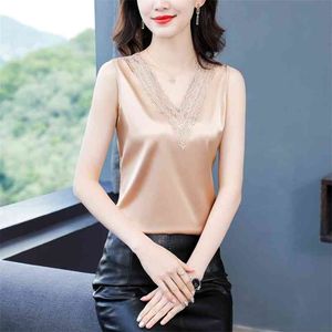 Sexy V-Ausschnitt koreanische Mode Seide Frauen Tank Top Spitze Satin ärmellose Tops Plus Größe XXXXL Schwarz für 210507