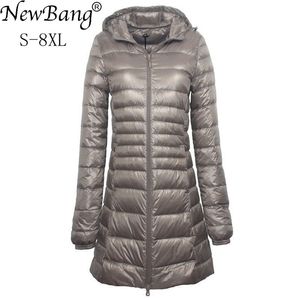 BANG 7XL 8XL Plus Long Down Jacket Kvinnor Vinter Ultra Light med Hooded Coat Kvinna Stor Storlek Coats 211018