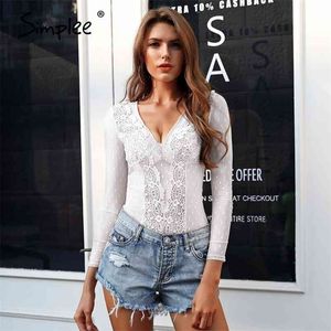 V Neck Skinny Sexy Lace Malha Transparente Branco Bodysuit Mulheres Manga Longa Verão Praia Romper Macacões 210414