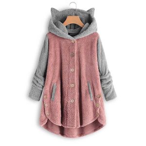 Cat Ears Hooded Pullover Sweatshirt Fleece Hoodie Oversize Hoodies Winter Warm Women Patchwork Hoodies Button Tops Streetwear