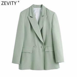 Zevity المرأة الأزياء حقق طوق الأخضر المناسب السترة معطف مكتب السيدات طويلة الأكمام جيوب الإناث قميص شيك القمم CT680 210603