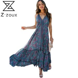 Kobiety Dress V Neck Backless Printing Bohemian ES Bez Rękawów Duża Hem Plaża Plus Size Maxi Es Lato 210524