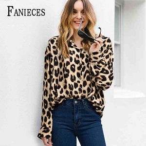 Blusa Mulheres Camisa Castanho Leopardo Impressão Longa Manga Ins Moda Mulher S Tops e Elegante Top Feminino 210520