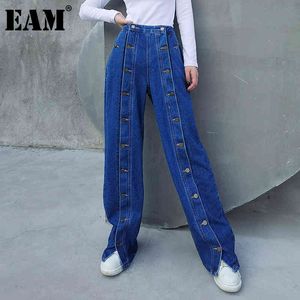 [EAM] High Waist Wide Leg Blue Long Slit Button Jeans Loose Fit Women Trousers Fashion Spring Autumn 1DD6370 21512