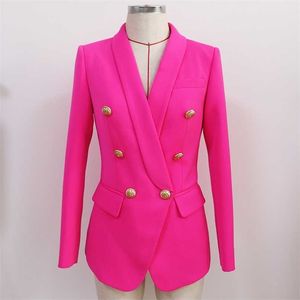 Högkvalitativ designer Classic Blazer Jacket Kvinnors Slim Double Breasted Metal Lion Knappar Sjal Krage Rosa 211122