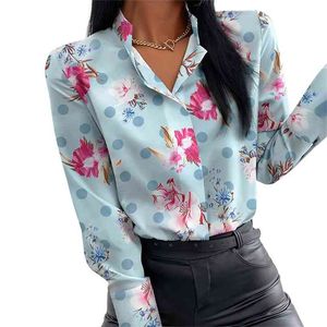 夏の花のプリントブラウスの女性服スタンド襟長袖のオフィスの女性のシャツトップス女性カジュアルプラスサイズブラウス210603