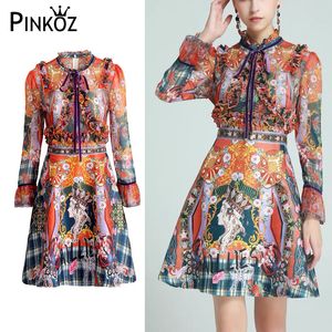 runway designer style vintage victorian printed A-line ruched ruffles long sleeve bow stand collar mini dress women femme 210421